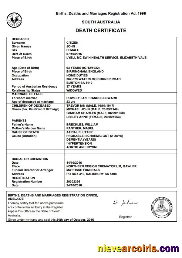 Australia South Australia death certificate